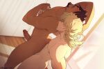  2boys anal artist_name ass bara barnaby_brooks_jr. blonde_hair blush brown_hair closed_eyes collaboration completely_nude dark-skinned_male dark_skin deep_penetration erection facial_hair kaburagi_t._kotetsu kissing_back large_pectorals lobelmont male_focus moaning multiple_boys muscular muscular_male nipples nude open_mouth patto pectorals penis sex sex_from_behind short_hair tiger_&amp;_bunny yaoi 