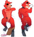  2022 abs animatronic anthro balls bottomwear bottomwear_around_one_leg bottomwear_down canid canine clothed clothing clothing_around_one_leg dakimakura_design digital_media_(artwork) eye_patch eyewear five_nights_at_freddy&#039;s flaccid fox foxy_(fnaf) fur genitals hi_res hook humanoid_genitalia humanoid_penis jagshiro lying machine male mammal muscular muscular_anthro muscular_male nude on_back on_front pants pants_around_one_leg pants_down partially_clothed pecs penis red_body red_fur robot scottgames simple_background solo tailless teeth 