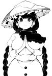  1girl absurdres ajirogasa bandana bangs braid breasts closed_mouth coat hat high_contrast highres himajin_noizu large_breasts long_earlobes long_hair long_sleeves looking_at_viewer monochrome own_hands_together side_braids simple_background smile snow touhou twin_braids yatadera_narumi 