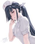  1girl alternate_costume black_hair breasts buttons dated double-breasted hair_over_one_eye hat hayashimo_(kancolle) highres kantai_collection long_hair looking_at_viewer nurse nurse_cap ponytail red_eyes rokuwata_tomoe short_sleeves small_breasts solo twitter_username white_background white_uniform 