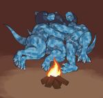  2023 anthro arm_around_partner balls bandai_namco blue_body blue_scales bodily_fluids butt campfire claws commandramon cuddling cum cum_in_ass cum_inside cum_on_self digimon digimon_(species) digital_media_(artwork) dinosaur eyes_closed fire from_behind_position genital_fluids genitals group hi_res humanoid humanoid_genitalia humanoid_penis looking_pleasured male male/male markings mask nude penis reptile scales scalie sex simple_background smile snout spoon_position spooning tail trio vixxier 