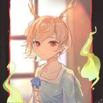  1girl antlers blonde_hair blue_shirt closed_mouth collarbone dragon_horns highres horns kicchou_yachie lr red_eyes shirt short_hair short_sleeves smile solo touhou turtle_shell upper_body yellow_horns 