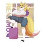  absurd_res anthro balls_outline bandai_namco bellesbabes big_breasts big_bulge bottomwear breasts bulge clothing detailed_bulge digimon digimon_(species) genital_outline gynomorph hi_res huge_breasts intersex penis_outline renamon shirt shorts solo step_pose tank_top topwear 