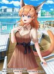  1girl alternate_costume animal_ears black_bow blue_eyes bow brown_dress caracal_(kemono_friends) caracal_ears casual cat_ears cat_girl cat_tail collared_shirt commentary cowboy_shot dress extra_ears grey_shirt japari_symbol kemono_friends menna_(0012) ocean open_mouth orange_hair plaid plaid_dress shirt short_hair short_sleeves smile solo tail waist_bow 