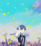  1other ajing073 arm_at_side black_vest blue_hair bowl_cut covered_eyes cross graveyard hand_up highres houseki_no_kuni long_sleeves necktie other_focus parted_lips phosphophyllite phosphophyllite_(ll) puffy_long_sleeves puffy_sleeves purple_necktie shirt short_hair sky solo sparkle upper_body vest white_shirt 