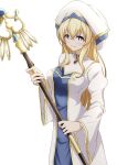  1girl absurdres bangs blonde_hair blue_eyes closed_mouth commentary_request goblin_slayer! highres holding holding_staff long_hair looking_at_viewer multicolored_clothes multicolored_headwear nijizuki_shino priestess priestess_(goblin_slayer!) robe simple_background smile solo staff white_background white_robe 