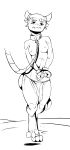  3_toes absurd_res anthro barefoot bottomwear breasts clothed clothing collar cuff_(restraint) empty_eyes feet female hi_res horn inktober_2020 kobold leash loincloth metal_collar nipples restraints rope scalie shackles simple_background sketch solo toes topless topless_female vistamage walking wrists_together 
