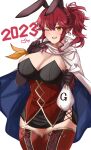  1girl 2023 absurdres alternate_breast_size alternate_costume animal_ears anna_(fire_emblem) bangs black_dress black_gloves blue_cape blush breasts cape chinese_zodiac cleavage commentary_request dress elbow_gloves fake_animal_ears finger_to_mouth fire_emblem fire_emblem_heroes gloves hair_between_eyes heart highres holding huge_breasts index_finger_raised long_hair looking_at_viewer one_eye_closed open_mouth orange_eyes playboy_bunny ponytail rabbit_ears red_hair red_thighhighs sidelocks simple_background smile solo teeth thighhighs thighs toshimasa_(ztvy3575) two-tone_cape upper_teeth_only white_cape year_of_the_rabbit 