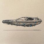  artist_name brown_background cable commentary delorean diepfris english_commentary flying_car from_side highres hover_vehicle ink_(medium) marker_(medium) no_humans original radio_antenna redesign science_fiction traditional_media vehicle_focus 