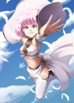  1girl belt_collar blue_eyes chest_harness cloud cloudy_sky collar falling feathers harness highres long_sleeves mateus_upd pink_hair rance_(series) sill_plain sky 