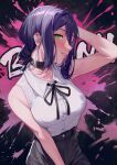  1girl absurdres bare_shoulders black_collar black_ribbon black_shorts blush breasts chainsaw_man collar collared_shirt green_eyes grenade_pin hair_between_eyes hair_bun highres ihachisu lips looking_at_viewer medium_breasts medium_hair nose_blush parted_lips purple_hair reze_(chainsaw_man) ribbon seductive_smile shirt shorts single_hair_bun sleeveless sleeveless_shirt smile solo white_shirt 