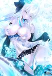  1girl absurdres areola_slip artoria_pendragon_(fate) artoria_pendragon_(lancer_alter)_(fate) artoria_pendragon_(lancer_alter)_(royal_icing)_(fate) artoria_pendragon_(lancer_alter)_(royal_icing)_(fate)_(cosplay) babydoll bangs bare_shoulders black_bow black_gloves black_thighhighs blue_babydoll blue_eyes blue_panties bow braid breasts choker cleavage collarbone cosplay crystal_flower fate/grand_order fate_(series) flower french_braid garter_belt gloves grey_hair hair_bow hair_flower hair_ornament highleg highleg_panties highres ice jewelry large_breasts long_hair looking_at_viewer morgan_le_fay_(fate) necklace panties pelvic_curtain ponytail pubic_tattoo sanazura_hiroyuki see-through sidelocks smile snowflake_print solo tattoo thighhighs thighs underwear very_long_hair 