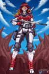  1girl armor armored_bodysuit battle_rifle bbc-chan blonde_hair blue_sky borrowed_character breastplate breasts collaboration colorized commentary commission cyborg dark-skinned_female dark_skin english_commentary from_below full_body gradient_hair gun highres holding holding_gun holding_weapon holster holstered_weapon joints knee_pads large_breasts long_hair making-of_available military_operator multicolored_hair neon_trim original paid_reward_available red_eyes red_hair rifle robot_joints science_fiction sky solo somedudedrawing suppressor thigh_holster thigh_strap trigger_discipline weapon 