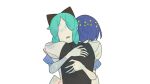  2others ajing073 alice_(alice_in_wonderland) alice_(alice_in_wonderland)_(cosplay) aqua_hair aqua_nails bare_arms black_bow black_vest blue_hair bow bowl_cut cosplay dual_persona facing_away facing_viewer hair_bow highres houseki_no_kuni hug long_sleeves multiple_others no_eyes other_focus phosphophyllite phosphophyllite_(ll) puffy_long_sleeves puffy_short_sleeves puffy_sleeves self_hug shirt short_hair short_sleeves simple_background time_paradox upper_body vest white_background white_shirt 
