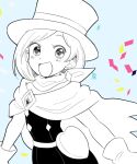  1girl :d ace_attorney blush cape confetti dress earrings gloves hat jewelry looking_at_viewer magician mai8484 open_mouth scarf short_hair simple_background smile solo top_hat trucy_wright 