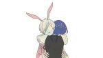  2others ajing073 animal_ears antarcticite black_vest blue_hair bowl_cut cosplay extra_ears facing_away facing_viewer hands_up highres houseki_no_kuni hug long_sleeves multiple_others no_eyes other_focus phosphophyllite phosphophyllite_(ll) puffy_long_sleeves puffy_sleeves rabbit_ears shirt short_hair simple_background surprised upper_body vest white_background white_rabbit_(alice_in_wonderland) white_rabbit_(alice_in_wonderland)_(cosplay) white_shirt 