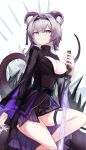  1girl absurdres animal_ears arknights bare_legs black_dress black_hairband breasts cleavage commentary_request dress hairband highres holding holding_sword holding_weapon large_breasts lin_(arknights) long_hair long_sleeves looking_at_viewer mizuhashi_parusui mouse_ears mouse_tail purple_eyes purple_hair simple_background sitting solo sword tail thigh_strap thighs weapon white_background wide_sleeves 