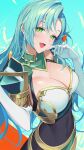  1girl aqua_hair bangs blue_background breasts chloe_(fire_emblem) cleavage cleavage_cutout clothing_cutout collarbone covered_navel dress earrings elbow_gloves fire_emblem fire_emblem_engage gloves green_eyes hair_ornament highres jewelry kainown large_breasts long_hair open_mouth selfie smile solo upper_body very_long_hair white_gloves 