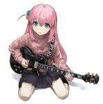  1girl black_socks bocchi_the_rock! cube_hair_ornament electric_guitar full_body gibson_les_paul gotou_hitori green_eyes guitar hair_between_eyes hair_ornament highres holding holding_instrument holding_plectrum instrument jacket long_hair long_sleeves looking_at_viewer one_side_up open_clothes open_jacket open_mouth pink_hair pink_jacket plectrum sidelocks simple_background sitting skirt socks solo sweatdrop tachibana_wataru_(123tsuki) wariza white_background 