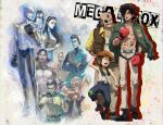  2girls 6+boys abuhachi_(megalo_box) aragaki_(megalo_box) belt black_footwear black_hair bonjiri_(megalo_box) boxing_gloves brown_hair butterfly_tattoo chest_tattoo closed_eyes copyright_name curly_hair dog earrings eyepatch facial_hair fujimaki_(megalo_box) glasses gloves grin hair_over_one_eye hat highres jewelry joe_(megalo_box) long_hair long_sleeves male_focus mechanical_arms megalo_box missing_tooth multiple_boys multiple_girls mustache nanbu_gansatsu necktie oicho_(megalo_box) open_mouth orange_headwear red_gloves red_necktie sachio_(megalo_box) santa_(megalo_box) shirato_mikio shirato_yukiko short_hair smile tattoo topless_male wataroux white_hair yellow_gloves yuuri_(megalo_box) 