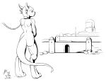  anthro city collar digitigrade empty_eyes female gate hi_res horn inktober_2020 kobold leash looking_away metal_collar nude rear_view rope scalie sketch solo tail tower vistamage wall_(structure) 