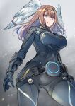  1girl absurdres bangs blue_eyes bodysuit breast_tattoo breasts brown_hair cleavage eunie_(xenoblade) gloves head_wings highres large_breasts long_hair looking_at_viewer medium_hair solo tattoo ug333333 white_wings wings xenoblade_chronicles_(series) xenoblade_chronicles_3 