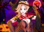  1girl black_headwear blonde_hair blue_eyes breasts brown_gloves cleavage earrings fang gloves hat highres jack-o&#039;-lantern jack-o&#039;-lantern_earrings jewelry large_breasts martwi1k medium_hair mercy_(overwatch) overwatch red_scarf scarf upper_body witch witch_hat witch_mercy 