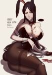  ... 1girl 2023 50x48x48 absurdres animal_ears bangs black_hair black_leotard bleach blood blood_on_breasts blood_on_ground bow bowtie breasts chinese_zodiac cleavage closed_mouth detached_collar fake_animal_ears half-closed_eyes happy_new_year highleg highleg_leotard highres holding holding_sword holding_weapon large_breasts leotard long_hair pantyhose parted_bangs playboy_bunny rabbit_ears sitting solo spoken_ellipsis sword torn_clothes torn_pantyhose twitter_username unohana_retsu weapon wrist_cuffs year_of_the_rabbit 
