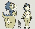  absurd_res anteater anthro big_butt black_markings blue_body blue_feathers breasts butt clenched_teeth dinosaur duo eye_markings eyelashes feathers female genitals gwendoline_rivera hi_res horn kronox larger_female male mammal markings model_sheet nipples nude pilosan pussy reptile scalie shocked_face size_difference smaller_male tail tamandua tan_body tan_skin teeth theropod thick_thighs tony_tamandua_(kronox) tyrannosaurid tyrannosaurus white_body white_skin xenarthran 