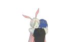  2others ajing073 animal_ears antarcticite black_vest blue_hair bowl_cut cosplay extra_ears facing_away facing_viewer highres houseki_no_kuni hug long_sleeves multiple_others no_eyes other_focus phosphophyllite phosphophyllite_(ll) puffy_long_sleeves puffy_sleeves rabbit_ears shirt short_hair simple_background upper_body vest white_background white_rabbit_(alice_in_wonderland) white_rabbit_(alice_in_wonderland)_(cosplay) white_shirt 