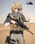  1girl absurdres aircraft ammunition_pouch assault_rifle belt black_belt blonde_hair brown_vest cargo_pants cigarette commentary cowboy_shot day desert english_commentary eyepatch fingernails flashlight grey_shirt gun hand_on_own_shoulder helicopter highres holding holding_gun holding_weapon holster houndstooth keffiyeh keiita laser_sight load_bearing_vest looking_at_viewer m4_carbine military_operator mouth_hold optical_sight orange_eyes original outdoors pants patch plaid plaid_shirt pocket pouch rifle shirt sleeves_rolled_up smoking solo sweat thigh_holster thigh_strap trigger_discipline tsurime unmoving_pattern utility_belt vertical_foregrip vest watch weapon wristwatch 