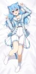  1girl absurdres animal_ear_fluff animal_ears aoto_mei bed_sheet belt blue_cardigan blue_choker blue_eyes blue_hair cardigan cat_ears cat_tail choker commission fang full_body hair_between_eyes hair_bun highres hololive hoshimachi_suisei knees_together_feet_apart knees_up long_hair long_sleeves looking_at_viewer no_shoes on_bed open_cardigan open_clothes open_mouth sailor_collar school_uniform serafuku shirt simple_background single_side_bun skeb_commission skirt socks solo tail virtual_youtuber white_background white_sailor_collar white_shirt white_skirt white_socks 