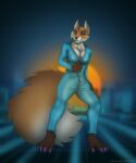  anthro breasts canid canine cleavage clothed clothing digital_media_(artwork) down female fox furry hi_res invalid_tag mammal overalls pulling synthwave zipper 