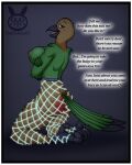  anthro avian beak bird black_border border breasts butt clothed clothing digital_media_(artwork) female fingers glowing glowing_clothing hi_res holy_(marothedarkrabbit) leggings legwear looking_at_viewer marothedarkrabbit_(artist) nipples nude quetzal simple_background smile solo text trogonid 