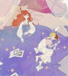  2others ajing073 animal_ears barefoot bed_sheet blonde_hair closed_eyes curtains facing_viewer hat highres houseki_no_kuni juliet_sleeves long_sleeves lying medium_hair multicolored_hair multiple_others nightcap on_back on_bed on_side other_focus padparadscha_(houseki_no_kuni) photo_(object) pillow puffy_long_sleeves puffy_sleeves rabbit_ears red_hair rutile_(houseki_no_kuni) shirt sleepwear two-tone_hair white_shirt 