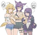  3girls :o ahoge animal_ear_fluff animal_ears arm_hug bangs bare_shoulders belt black_bra black_choker black_gloves black_jacket black_skirt blonde_hair blue_shorts blush bra breasts brown_jacket choker cleavage criss-cross_halter crop_top cropped_jacket earrings feathered_wings fingerless_gloves fox_ears fox_girl girl_sandwich gloves green_eyes hair_between_eyes hair_flaps halterneck hand_on_hip height_difference hibiki_(vtuber) highres hood hooded_jacket jacket jewelry kakult2017 ksp_(vtuber) large_breasts long_hair long_sleeves looking_at_another low_wings meridian_project midriff miniskirt mole mole_on_breast multiple_girls navel necklace nose_blush off_shoulder open_clothes open_jacket pink_eyes pleated_skirt pointy_ears ponytail purple_hair red_eyes sandwiched seki_(vtuber) shirt short_shorts shorts simple_background single_bare_shoulder skirt surprised swept_bangs tank_top underwear virtual_youtuber white_background white_belt white_shirt white_tank_top wings yellow_wings yuri 