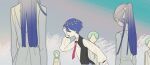  6+others ajing073 aqua_hair black_vest blue_hair blunt_ends bowl_cut child closed_eyes colored_tears crying dress faceless fleeing hand_up highres houseki_no_kuni long_sleeves multiple_others necktie other_focus out_of_frame phosphophyllite phosphophyllite_(ll) ponytail profile puffy_long_sleeves puffy_sleeves purple_necktie running shirt short_hair sleeveless sleeveless_dress solo_focus spoilers straight_hair tears vest white_shirt 