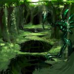  alien ambiguous_gender beak feral forest grass green_body green_skin hi_res leaf looking_at_viewer meandraco monster plant pond solo tree unusual_anatomy water 