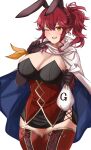  1girl absurdres alternate_breast_size alternate_costume animal_ears anna_(fire_emblem) bangs black_dress black_gloves blue_cape blush breasts cape chinese_zodiac cleavage commentary_request dress elbow_gloves fake_animal_ears finger_to_mouth fire_emblem fire_emblem_heroes gloves hair_between_eyes highres holding huge_breasts index_finger_raised long_hair looking_at_viewer one_eye_closed open_mouth orange_eyes playboy_bunny ponytail rabbit_ears red_hair red_thighhighs sidelocks simple_background smile solo teeth thighhighs thighs toshimasa_(ztvy3575) two-tone_cape upper_teeth_only white_cape year_of_the_rabbit 