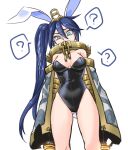  1girl ? alternate_costume animal_ears ass_visible_through_thighs bare_legs black_leotard blue_eyes blue_hair breasts broken broken_chain cape chain chained collar confused covered_navel cuffs duel_monster fake_animal_ears fake_tail highleg highleg_leotard large_breasts leotard long_hair looking_at_viewer metal_collar playboy_bunny rabbit_ears rabbit_tail side_ponytail solo spoken_question_mark strapless strapless_leotard tail unchained_twins_-_rakea ymto038 yu-gi-oh! 