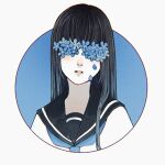  1girl bangs black_hair black_sailor_collar blue_background blue_flower blue_neckerchief blue_theme blunt_bangs blush circle covered_eyes expressionless flower flower_over_eyes forget-me-not_(flower) hair_over_shoulder light_blush limited_palette long_hair neckerchief nose_blush original pale_skin parted_lips petals sailor_collar school_uniform serafuku shirt simple_background solo spot_color straight_hair symbolism teeth tsubame-shi_(tubame) two-tone_background upper_body white_background white_serafuku white_shirt 