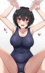  1girl absurdres animal_ears black_hair blush brave_witches breasts covered_navel emu_1316 heart highres large_breasts old_school_swimsuit open_mouth rabbit_ears red_eyes school_swimsuit shimohara_sadako short_hair simple_background solo swimsuit world_witches_series 