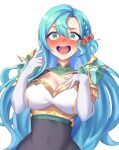  1girl :d absurdres aqua_hair armor blush bow braid breasts chloe_(fire_emblem) commentary covered_navel elbow_gloves fire_emblem fire_emblem_engage gloves green_eyes hair_between_eyes hair_bow highres large_breasts long_hair looking_at_viewer nose_blush open_mouth orange_bow sher_(imnotsher) shoulder_armor simple_background smile solo upper_body very_long_hair white_background white_gloves 