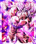  1boy abs absurdres angry aura bare_shoulders biceps blue_wristband border charging_forward clenched_hands clenched_teeth collarbone commentary_request dragon_ball dragon_ball_super energy grey_eyes highres incoming_attack incoming_punch looking_at_viewer male_focus muscular muscular_male orange_pants pants pectorals punching scratches sekitsuki_hayato solo son_goku spiked_hair teeth topless_male torn_clothes torn_pants transparent_border ultra_instinct v-shaped_eyebrows white_hair wristband 