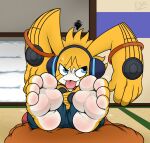  4_toes anthro appmon_(species) bandai_namco bottomwear clothed clothing countershade_feet countershading digimon digimon_(species) electricsnowfox feet foot_focus hi_res humanoid_feet lagomorph male mammal musimon pants plantigrade sitting soles solo toes tongue tongue_out topwear yellow_body 