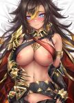  1girl armlet armor belt black_belt black_gloves black_hair blonde_hair blue_eyes blush breasts closed_mouth clothes_pull commentary criss-cross_halter dakimakura_(medium) dark-skinned_female dark_skin dehya_(genshin_impact) earrings english_commentary fingerless_gloves genshin_impact gloves hair_between_eyes halterneck hand_on_own_stomach jewelry large_breasts long_hair looking_at_viewer multicolored_hair navel nipples no_panties open_fly out-of-frame_censoring pulled_by_self rei_kun shoulder_armor single_bare_shoulder solo two-tone_hair 
