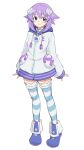  1girl choker d-pad d-pad_hair_ornament full_body hair_ornament highres jacket long_sleeves looking_at_viewer makino_harumaki neptune_(neptune_series) neptune_(series) purple_eyes purple_hair short_hair simple_background smile solo striped striped_thighhighs thighhighs white_background white_choker white_jacket 