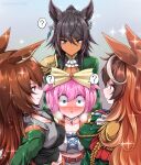  4girls ? agnes_digital_(umamusume) animal_ears bangs black_hair blue_eyes bow breasts brown_hair cleavage closed_mouth commentary_request constricted_pupils ear_ornament g_(genesis1556) grey_hair hair_bow height_difference highres horse_ears jewelry light_smile long_hair long_sleeves looking_to_the_side medium_hair multicolored_hair multiple_girls necklace parted_lips pearl_necklace pink_hair sirius_symboli_(umamusume) sparkle spoken_question_mark sweat sweating_profusely symboli_kris_s_(umamusume) symboli_rudolf_(umamusume) tan umamusume upper_body very_long_hair wide-eyed zable_fahr 