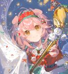  1girl animal_ears arknights bow candy candy_cane cat_ears christmas collar commentary english_commentary flower food goldenglow_(arknights) goldenglow_(night_loving_servant)_(arknights) green_hairband green_sweater hair_between_eyes hair_bow hairband highres infection_monitor_(arknights) looking_at_viewer mistletoe pink_hair red_sweater shirt smile solo sweater vihua6 white_flower white_shirt yellow_eyes 