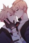  2boys ascot backlighting black_ascot black_gloves blonde_hair blue_jacket brooch collared_shirt fate/grand_order fate_(series) from_side gloves green_eyes grey_vest hair_between_eyes half_gloves hand_on_another&#039;s_arm hand_on_another&#039;s_face jacket jacket_on_shoulders jekyll_and_hyde_(fate) jewelry looking_at_viewer male_focus miyamakoume multiple_boys parted_lips profile red_eyes selfcest shirt short_hair sideways_glance simple_background smile spiked_hair upper_body vest white_background white_shirt yaoi 